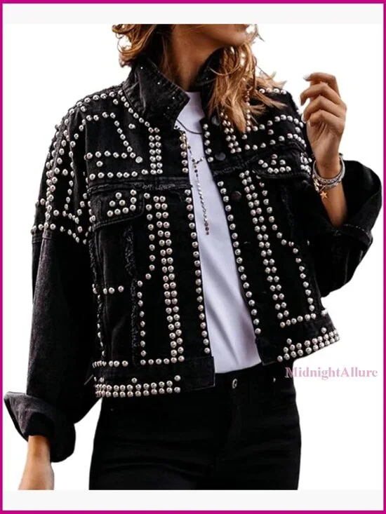 Distressed Denim Jacket with Fringe Studded Details Crop Fit - Picture 1 of 7